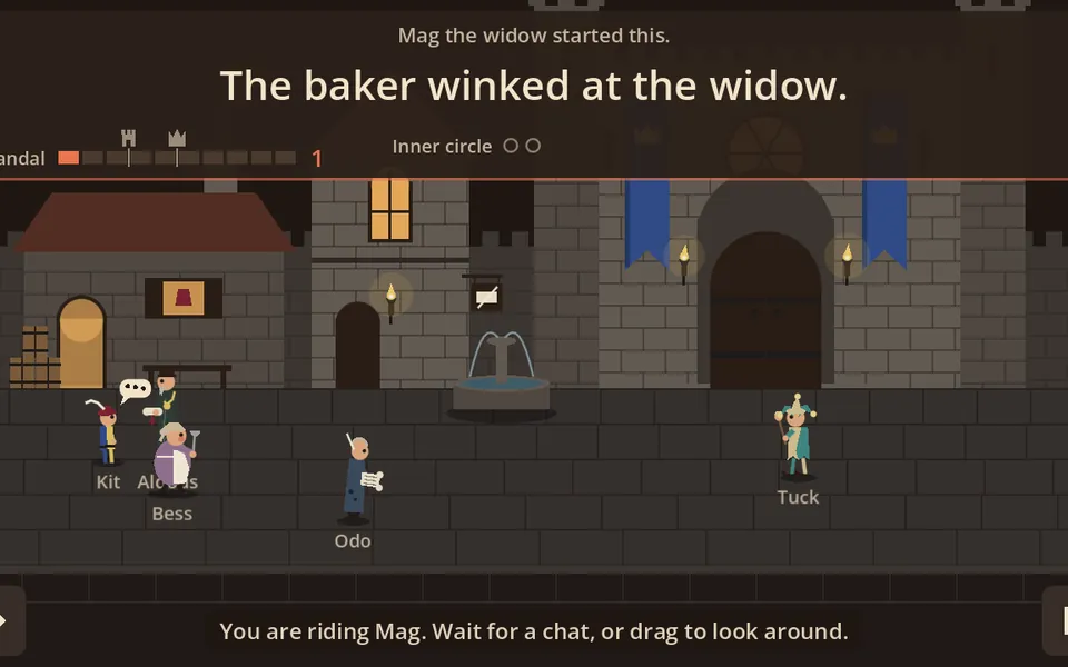 Rumor: townsfolk in a medieval courtyard, with the scandal meter at 1